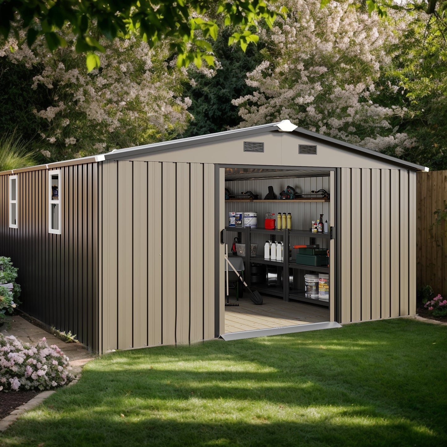 EcoSheds™ EXTRA LARGE Premium 10x12ft METAL Sliding Doors & Dual Sunlit Windows Outdoor Storage Sheds