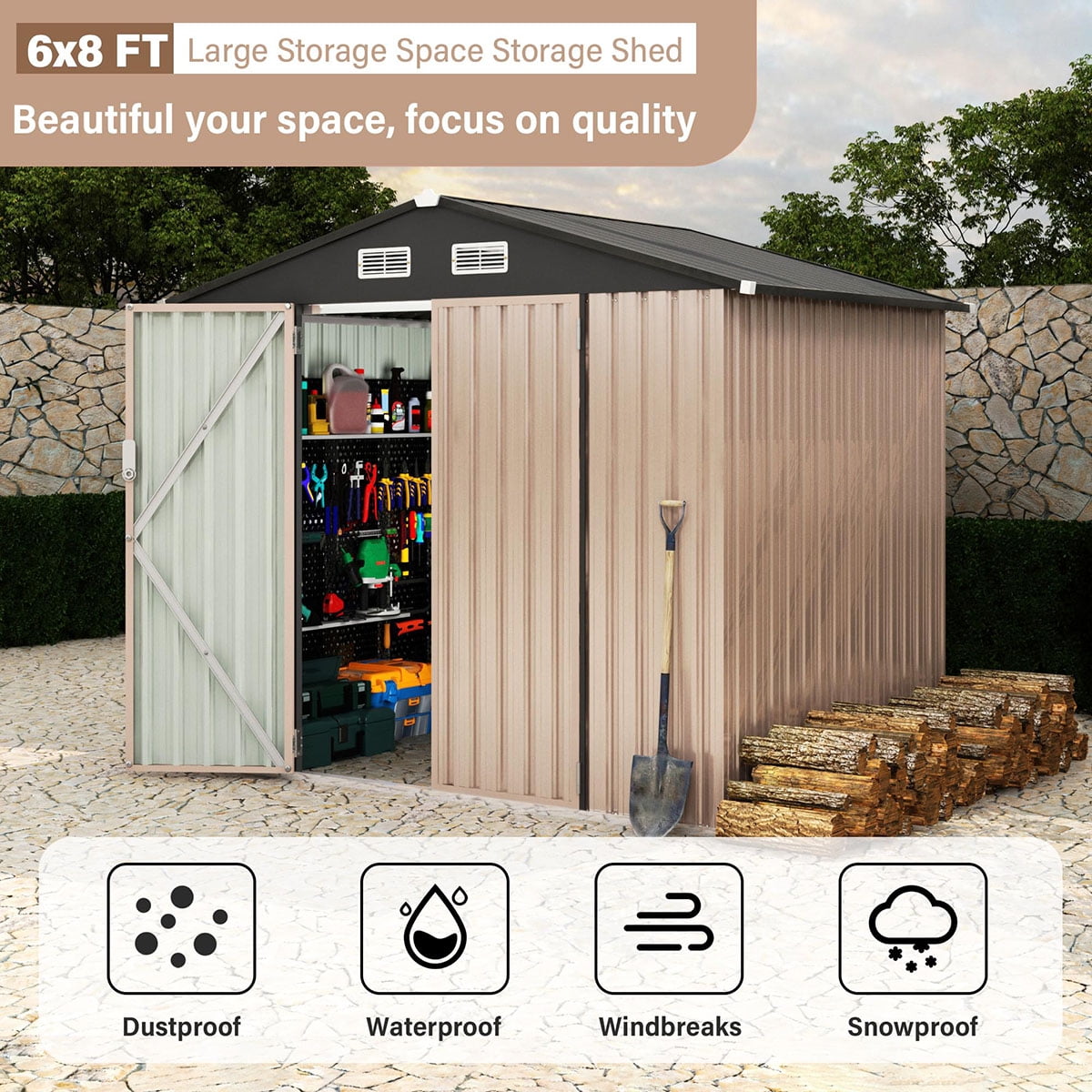 EcoSheds™ LARGE 6x8ft METAL Outdoor Storage Shed