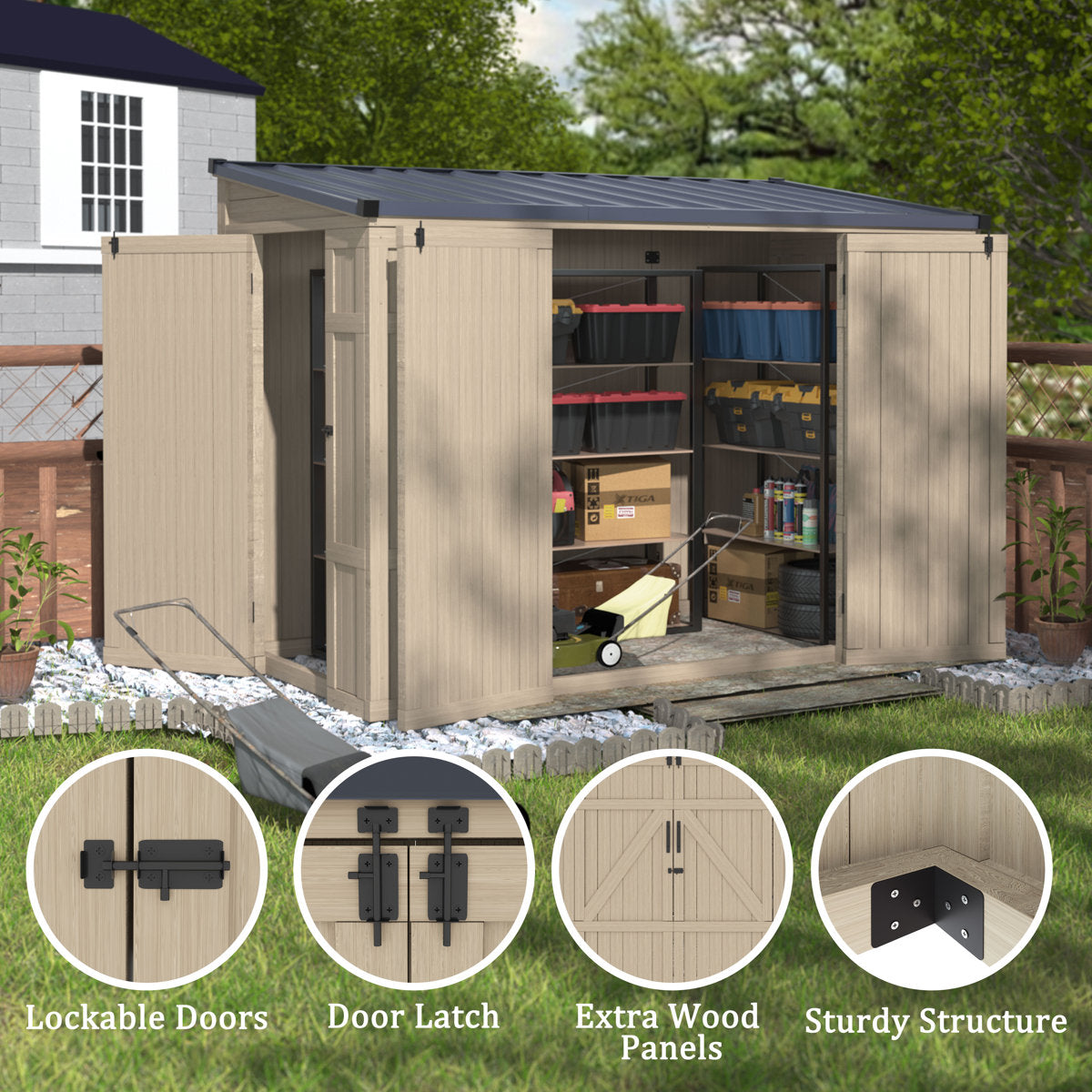 EcoSheds™ Wooden Outdoor Storage Shed 8x4ft with Metal Roof, Lockable Door and Vents