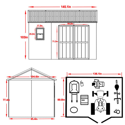 EcoSheds™ Wooden Outdoor Storage Shed 8x12ft with Metal Roof, Lockable Door and Vents