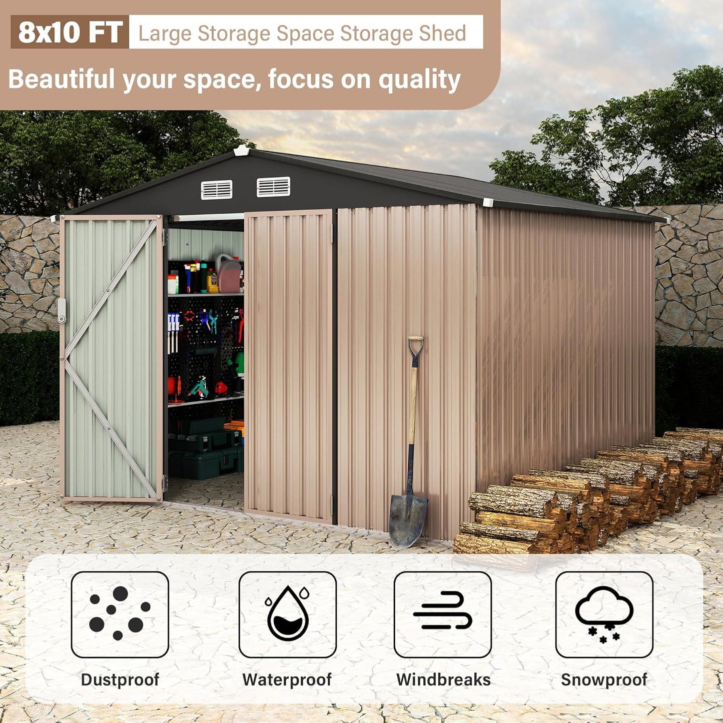 EcoSheds™ EXTRA LARGE 8x10ft METAL Outdoor Storage Shed