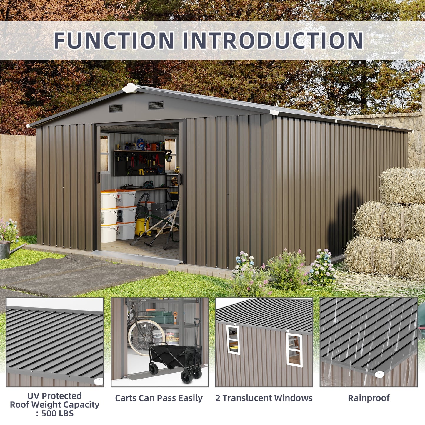 EcoSheds™ EXTRA LARGE Premium 10x12ft METAL Sliding Doors & Dual Sunlit Windows Outdoor Storage Sheds