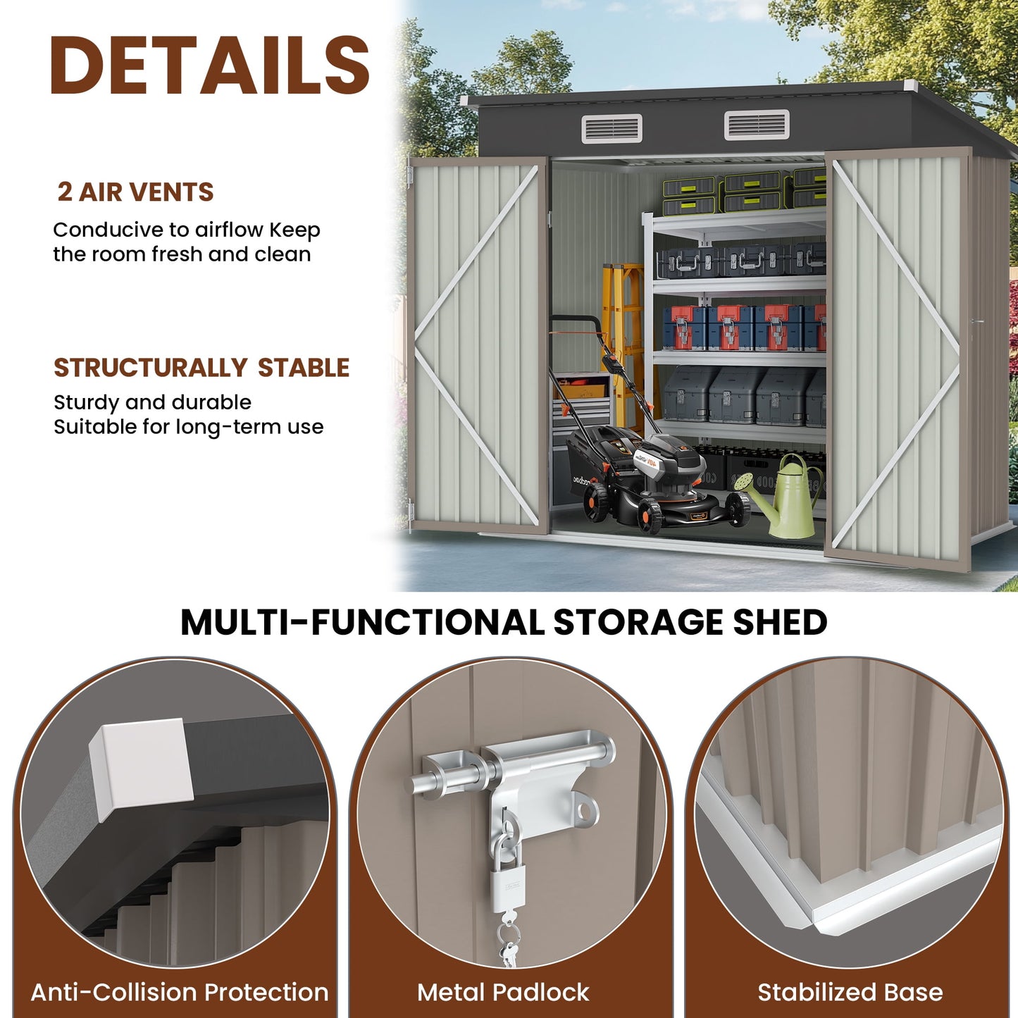 EcoSheds™ MEDIUM 6x4ft Light Brown METAL Outdoor Storage Shed