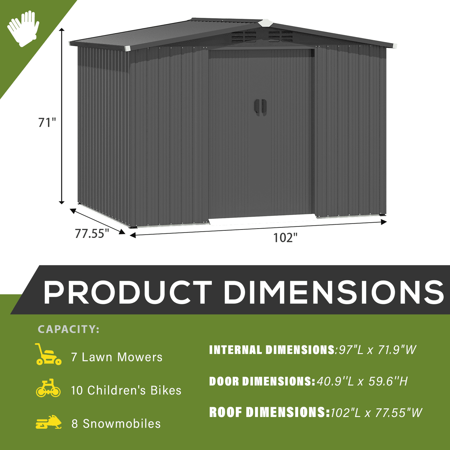 EcoSheds™ LARGE 8x6ft METAL Sliding Door Outdoor Storage Shed