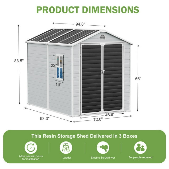 EcoSheds™ LARGE 6x8ft Silver RESIN Outdoor Storage Shed