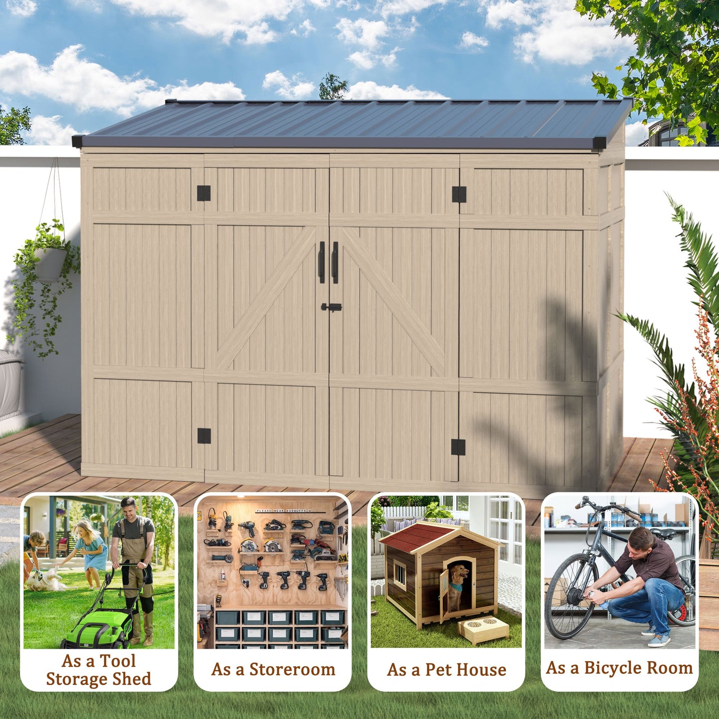 EcoSheds™ Wooden Outdoor Storage Shed 8x4ft with Metal Roof, Lockable Door and Vents