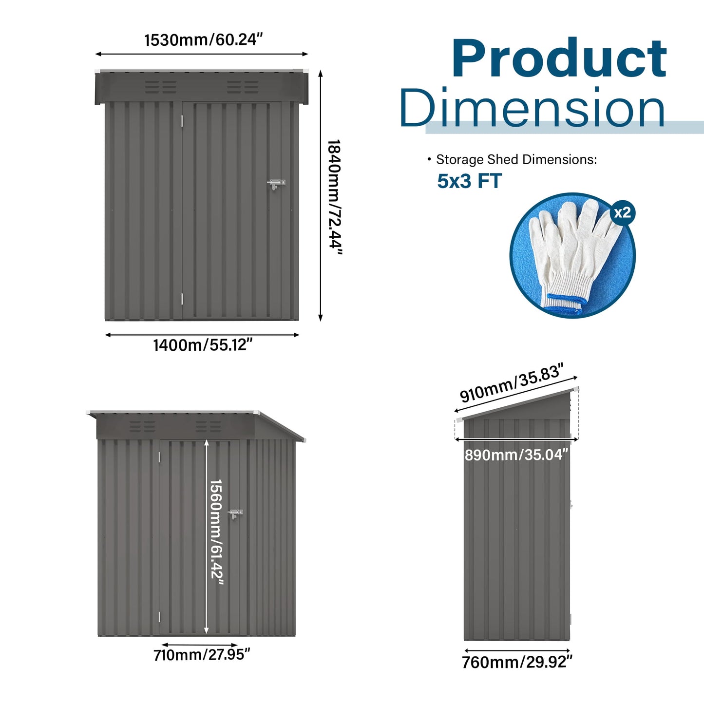 EcoSheds™ SMALL 5x3ft Gray METAL Outdoor Storage Shed
