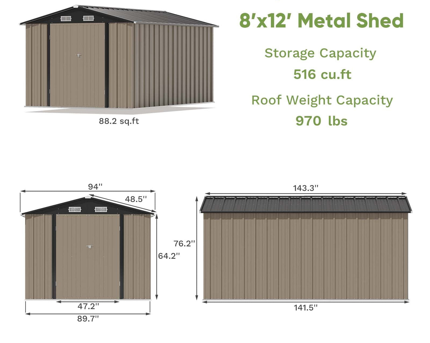 EcoSheds™ EXTRA LARGE 8x12ft METAL Outdoor Storage Sheds