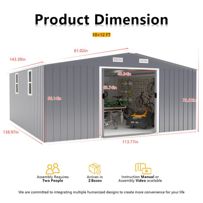 EcoSheds™ EXTRA LARGE Premium 10x12ft METAL Sliding Doors & Dual Sunlit Windows Outdoor Storage Sheds