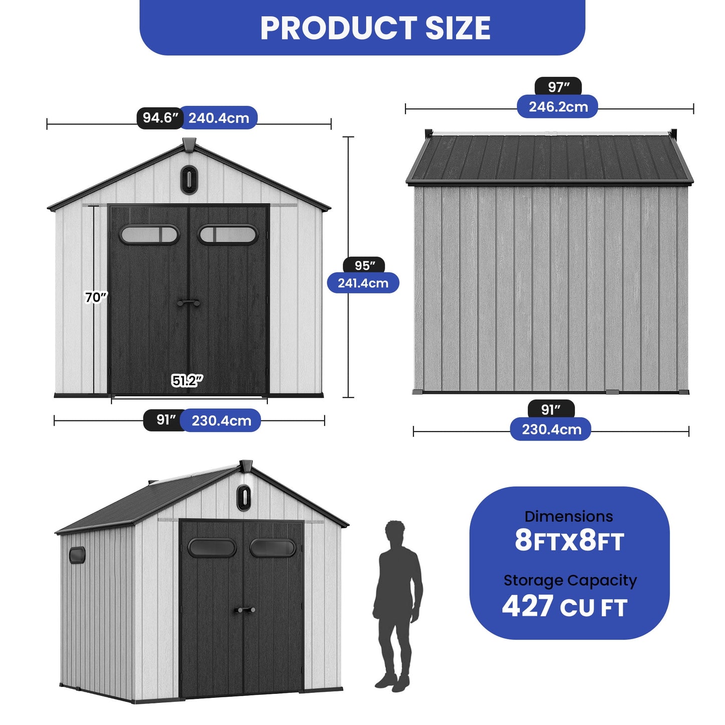 EcoSheds™ EXTRA LARGE Modern 8x8ft RESIN Outdoor Storage Shed